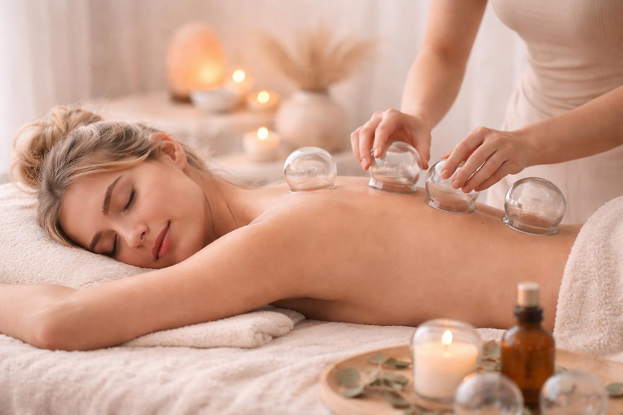 A spa therapist working on a client’s back with massage cups