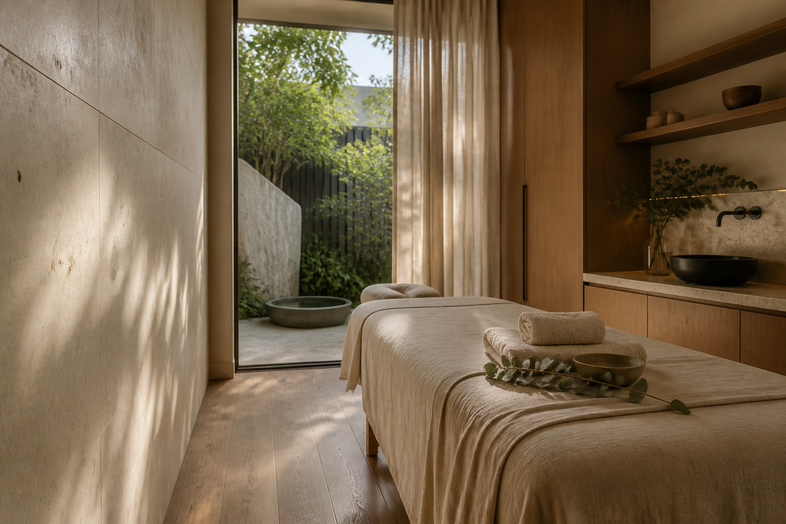 Soft towels and natural textures create a peaceful spa atmosphere
